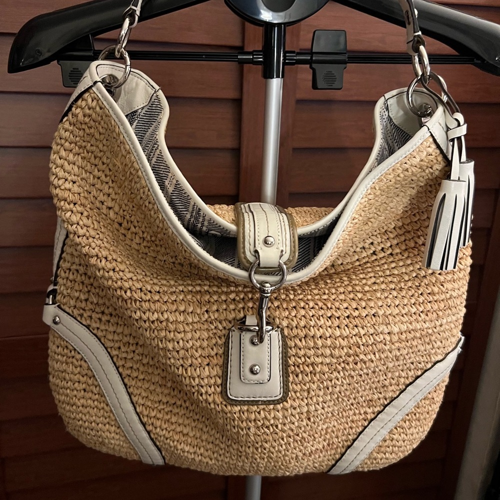 👜 Coach Woven Tan Hobo Bag with Cream Accents 👜